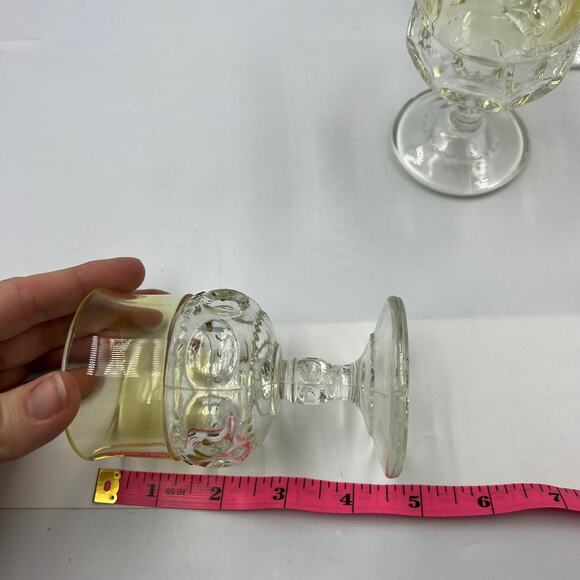 Vintage Set Crown Thumbprint Yellow & Clear Cordial Sherry Stemmed Wine Glasses - Picture 3 of 8